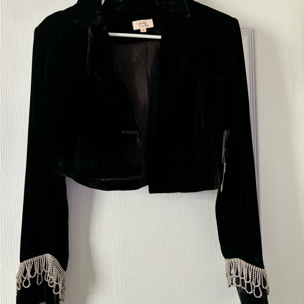 Camila Coelho Cropped Black Velvet Jacket with Rhinestone Detailing